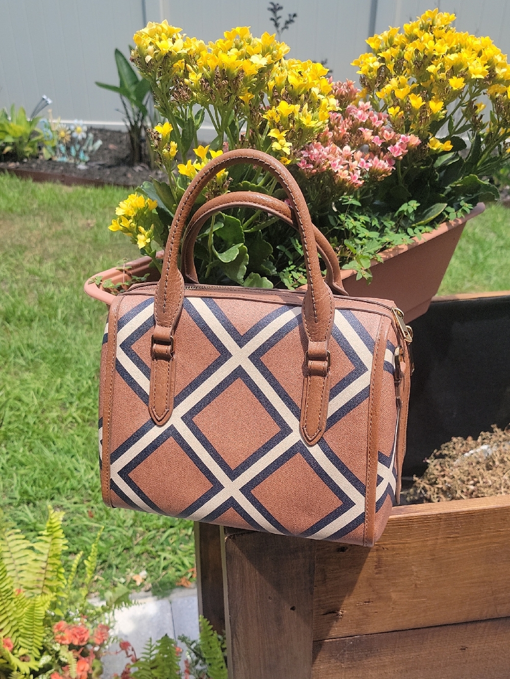 Fossil Tan Mini Satchel with Navy & Cream Geometric Pattern